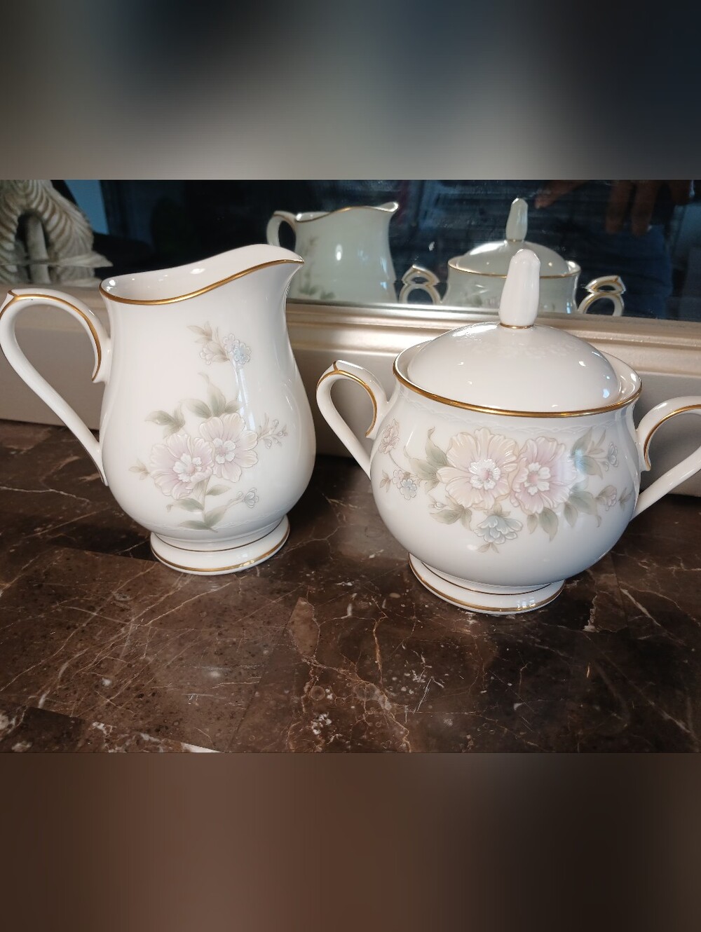 Noritake White Porcelain Creamer and Sugar Set with Gold Accents
